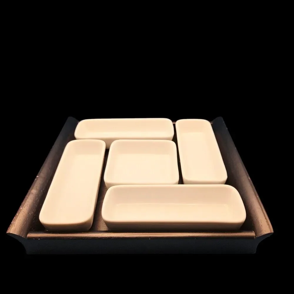 Crate & Barrel 5-Piece Appetizer Serving Set Wood Tray Porcelain Bowls